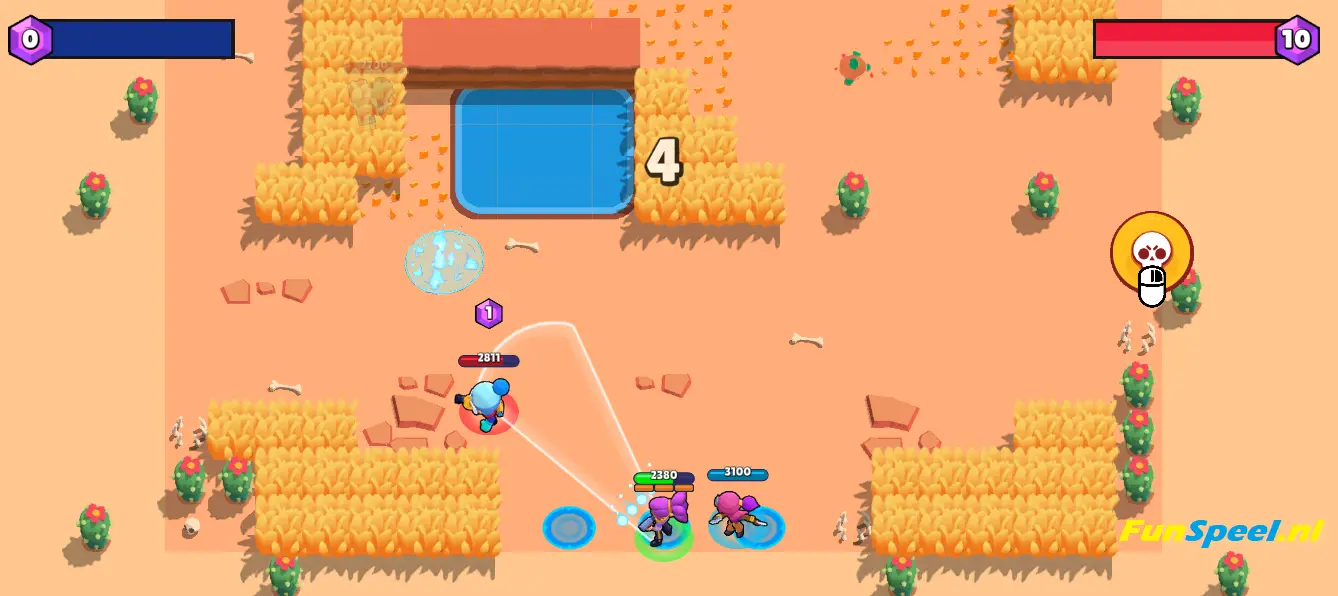 Brawl Stars gameplay screenshot met meerdere knokkers in een Gem Grab match